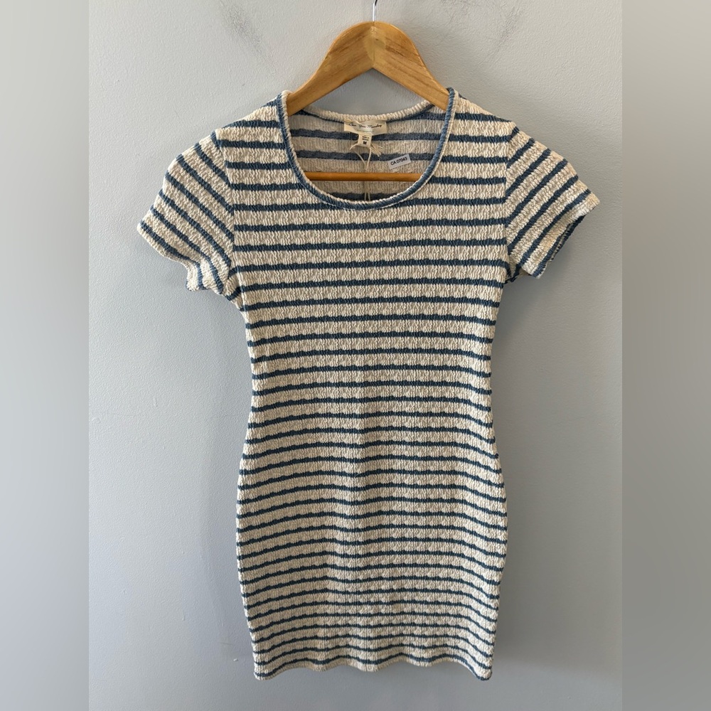 See You Monday Blue White Striped Bodycon Mini Dress M Short Sleeves Coastal NEW